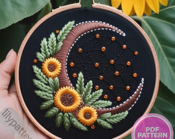 Crescent Moon & Sunflowers Hand Embroidery Pattern – Boho Hoop PDF (fits 3–8 in), DMC Colors + Beginner Guide