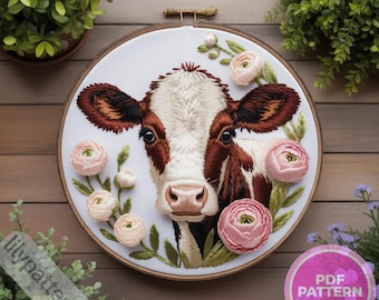 Sweet Cow & Ranunculus Hand Embroidery Pattern — Farm Animal Hoop PDF, DMC Colors, Multilingual Guide