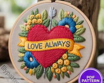 Love Always Heart Hand Embroidery Pattern — Romantic Floral Hoop PDF, DMC Colors, Multilingual Beginner Guide