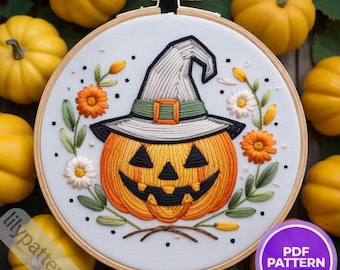 Pumpkin with Witch Hat Hand Embroidery Pattern — Halloween Jack‑o’‑Lantern Hoop PDF, DMC Colors, Multilingual Guide