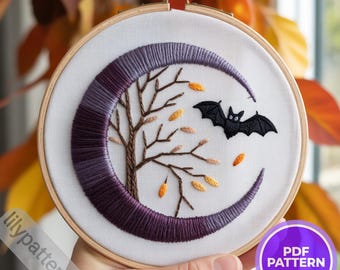 Spooky Halloween Crescent Moon with Bat Hand Embroidery Pattern — Witchy Hoop PDF, DMC Colors, Multilingual Beginner Guide (En/Es/Fr/De)