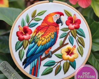 Scarlet Macaw Parrot Hand Embroidery Pattern — Tropical Hoop PDF, DMC Colors, Multilingual Guide (English, Spanish, français, German)