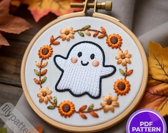Cute Ghost with Floral Wreath Hand Embroidery Pattern — Halloween Hoop PDF, DMC Colors, Multilingual Beginner Guide