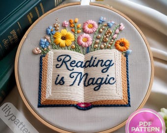 Reading Is Magic — Book & Florals Hand Embroidery Pattern — Hoop PDF, DMC Colors, Multilingual Guide (English, Spanish, français, German)