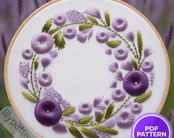 Lavender & Purple Floral Wreath Hand Embroidery Pattern — Botanical Hoop PDF, DMC Colors, Multilingual Beginner Guide