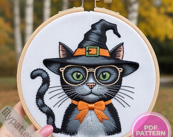 Halloween Black Cat Hand Embroidery Pattern — Witch Hat Hoop PDF, DMC Colors, Multilingual Guide (English, Spanish, français, German)