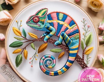 Colorful Chameleon Hand Embroidery Pattern – Jungle Hoop PDF (fits 3–8 in), DMC Colors + Beginner Guide