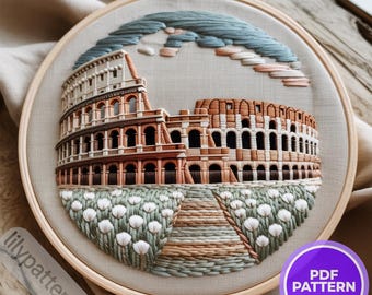Rome Colosseum Hand Embroidery Pattern — Italian Cityscape Hoop PDF, Travel Wall Art, DMC Colors, Multilingual Beginner Guide