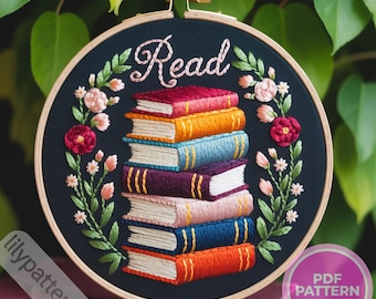 Read Book Stack & Florals Hand Embroidery Pattern – Library Hoop PDF (fits 3–8 in), DMC Colors + Beginner Guide