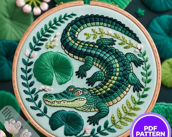 Crocodile Embroidery Pattern Design — Pond Lily Hoop PDF, Tropical Leaves, DMC Colors, Multilingual Beginner Guide