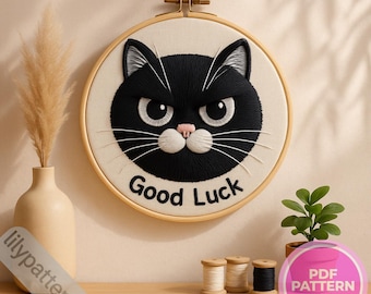 Good Luck Black Cat Hand Embroidery Pattern – Cat Hoop PDF (fits 3–8 in), DMC Colors + Beginner Guide