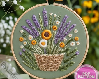 Wildflower Basket Hand Embroidery Pattern — Lavender & Daisies Hoop PDF, DMC Colors, Multilingual Guide (English, Spanish, français, German)
