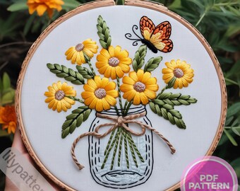 Daisy Bouquet in Mason Jar Hand Embroidery Pattern – Floral Hoop PDF (fits 3–8 in), DMC Colors + Beginner Guide