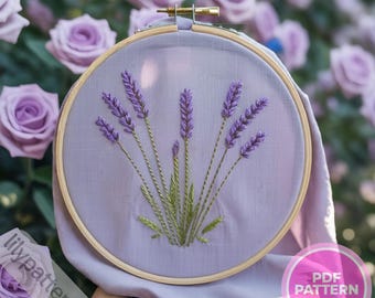 Lavender Sprigs Hand Embroidery Pattern – Minimal Floral Hoop PDF (fits 3–8 in), DMC Colors + Beginner Guide