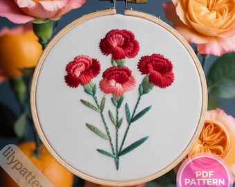 Carnations Bouquet Hand Embroidery Pattern — Floral Hoop PDF, DMC Colors, Multilingual Guide (English, Spanish, français, German)