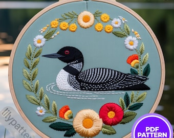 Loon on Lake Embroidery Pattern Design — Bird & Floral Wreath Hoop PDF, DMC Colors, Multilingual Beginner Guide