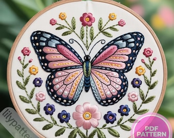 Butterfly & Wildflowers Hand Embroidery Pattern – Floral Hoop PDF (fits 3–8 in), DMC Colors + Beginner Guide
