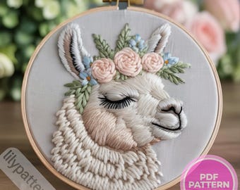 Floral Llama Hand Embroidery Pattern – Cute Alpaca Hoop PDF (fits 3–8 in), DMC Colors + Beginner Guide