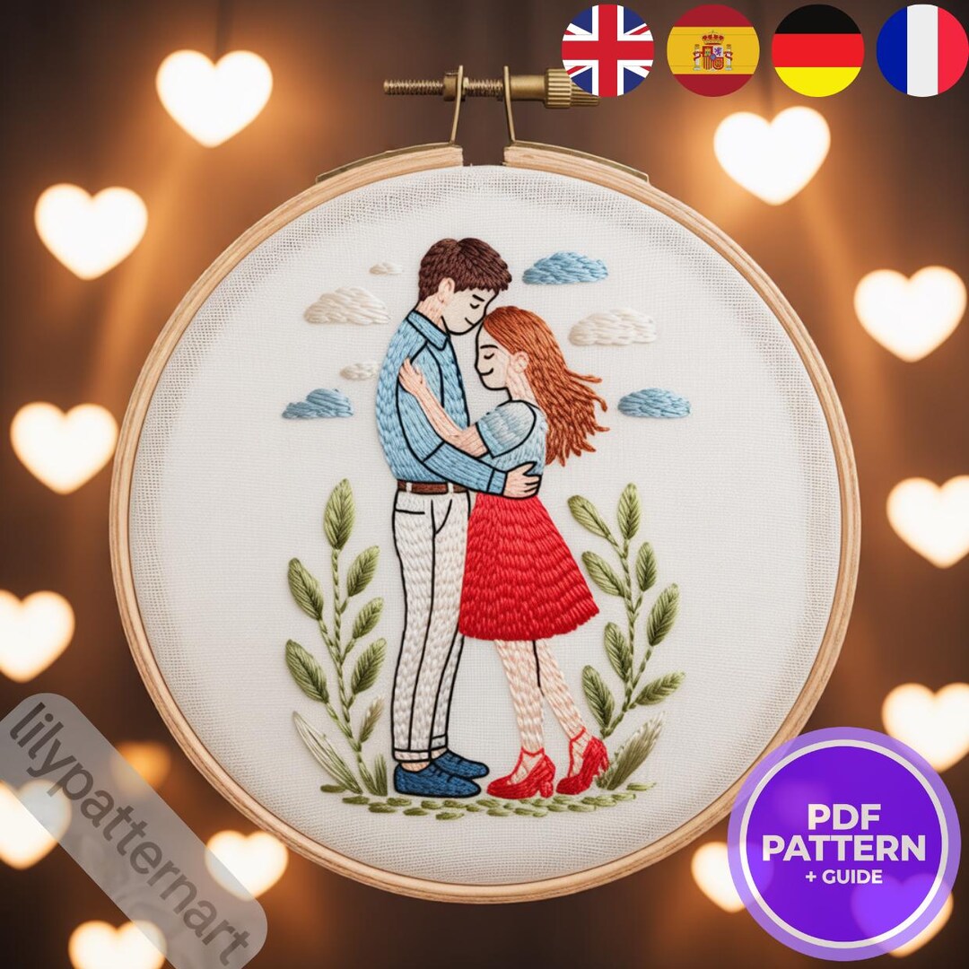 斗*様 M*n様 DAIRIKU ダイリク　LOVE-Hand Embroide Romantic Couple Embrace Hand Embroidery Pattern — Love Hoop PDF
