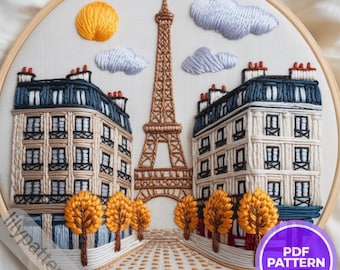 Paris Street & Eiffel Tower Hand Embroidery Pattern — Cityscape Hoop PDF, Travel Wall Art, DMC Colors, Multilingual Beginner Guide
