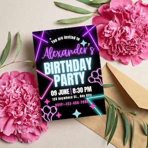 Editable Neon Birthday Party Invitation | Digital Download | Glow Theme Party Template | Ages 10+ | Instant Access