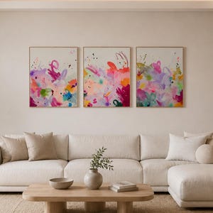 Soft Chaos | Set of 3 Original Abstract Paintings | Large Pink Pastel Wall Art | Modern Acrylic Canvas Collection | 75 x 55 cm Each