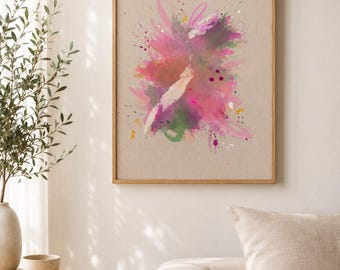 May include: A rectangular framed wall art piece featuring an abstract composition of vibrant pink, magenta, and green paint splatters and brushstrokes on a neutral beige canvas background, enclosed within a light-toned wooden frame.