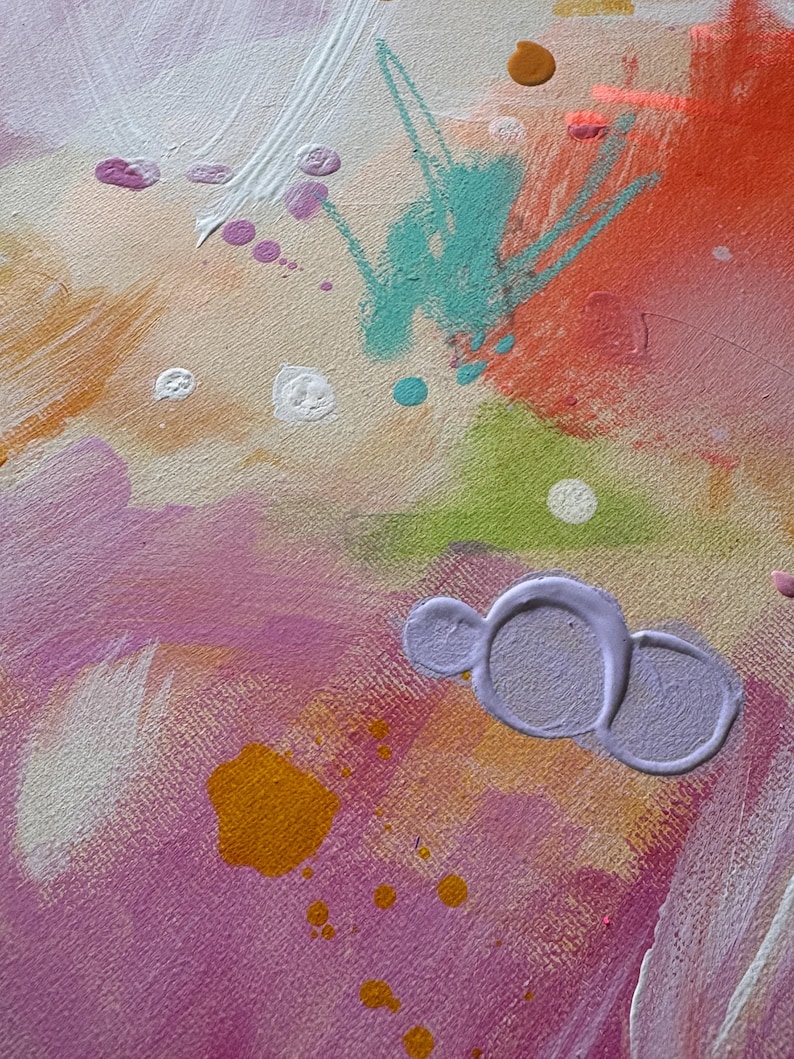 May include: An abstract painting on canvas featuring a vibrant color palette of pink, orange, lime green, and turquoise. The composition includes layered brushstrokes, paint splatters, and a distinct raised lavender paint mark in the lower section.