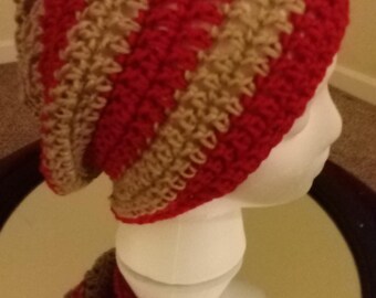 Red and Khaki Striped Knit Beanie Hat
