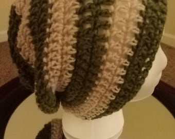 Green and Khaki Striped Knit Beanie Hat