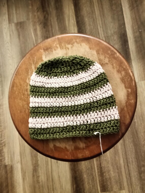 Green and Khaki Striped Knit Beanie Hat - Etsy display picture 1