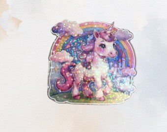Pastel Unicorn Sticker: Rainbow Castle, Glitter Vinyl, Waterproof