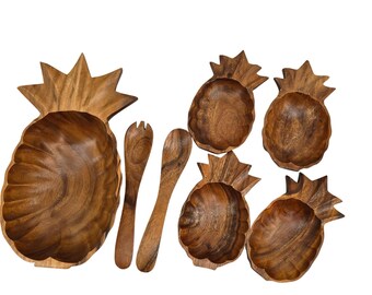 Vintage Monkey Pod Trä Ananas Salladsskål Set 7 Delar Tiki Tropisk Serveringsset