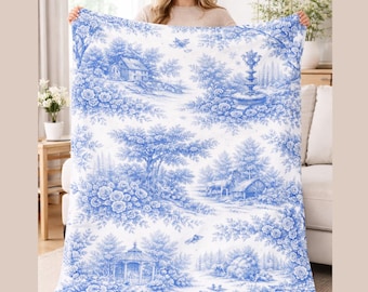 Blå Toile de Jouy velourfilt: Fransk lantlig Chinoiserie-heminredning