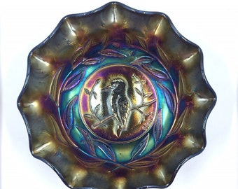 Carnival Glass Bowl Australian Kingfisher Black Amethyst