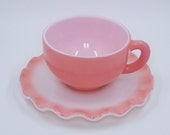 Pink Saucer Set - Vintage Hazel Atlas Glass Ripple Pink Cup and Saucer Set