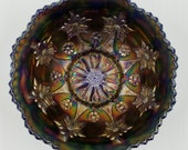 Fenton Carnival Glass Blue Little Flowers Deep Round Bowl - 8-1 2 inch