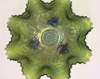 Northwood Wishbone Green Carnival Glass Footed Bowl