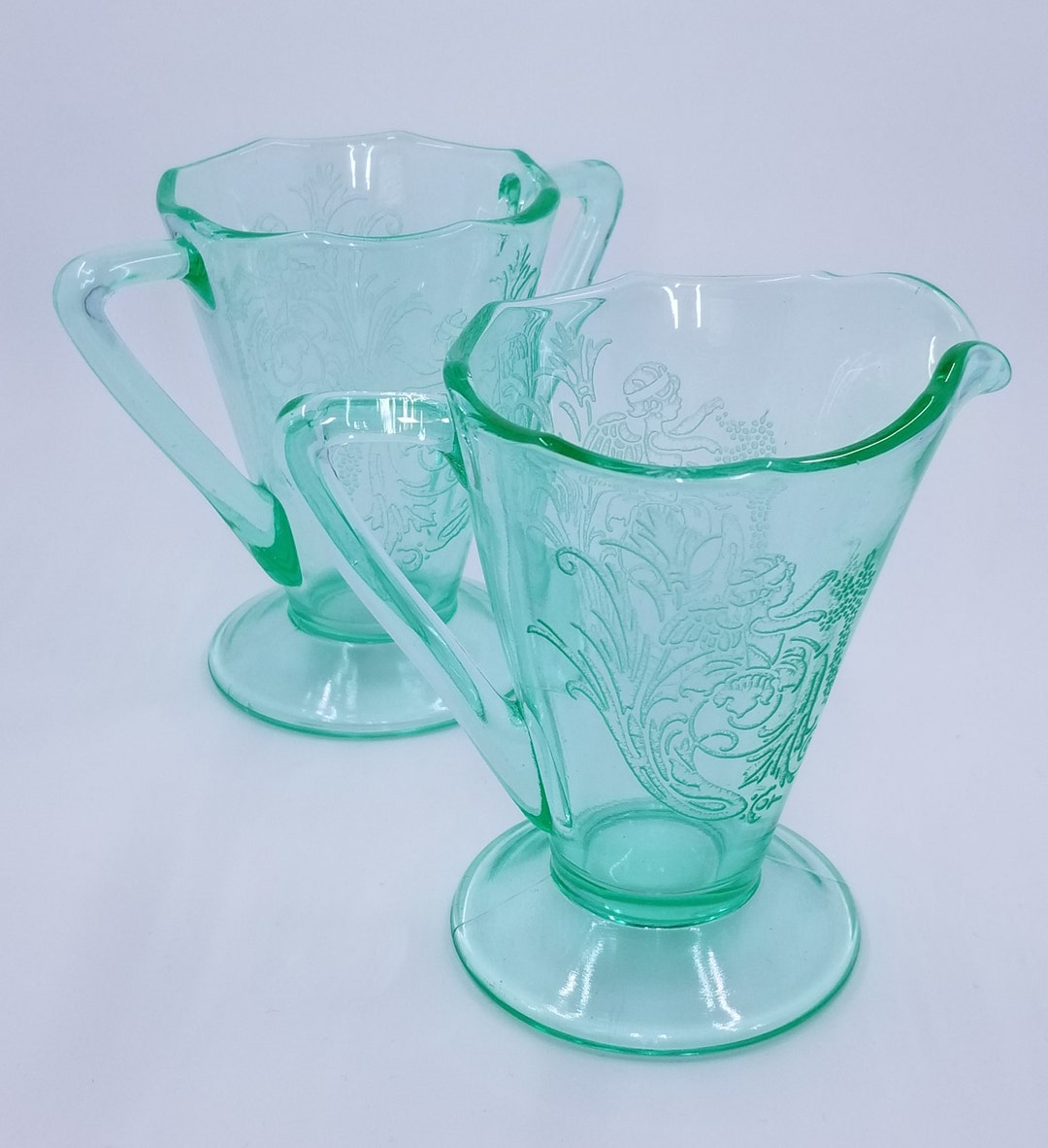 Paden City Glass Etched Cupid Green Creamer and Sugar Set Etsy