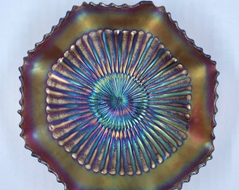 Northwood Stippled Rays Amethyst Carnival Glass Bowl