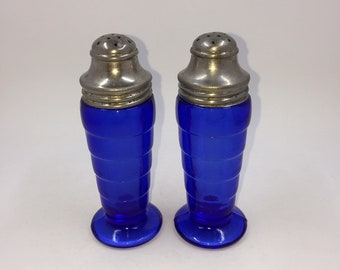 Hazel Atlas Moderntone Blue Glass Salt Shaker Set