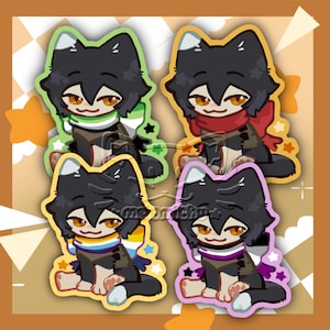 May include: Four stickers featuring cartoon cat characters with black fur, white accents, and orange eyes. Each cat wears a different colored scarf and sits on a matching background. The stickers have a white border and the text "meonichu".
