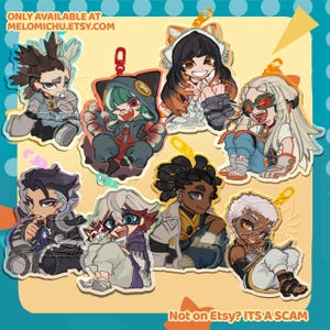 May include: A collection of colorful anime-style character charms. Each charm features a unique character design with vibrant colors and detailed outfits. The text "ONLY AVAILABLE AT melomichu.etsy.com" and "Not on Etsy? ITS A SCAM" are visible.