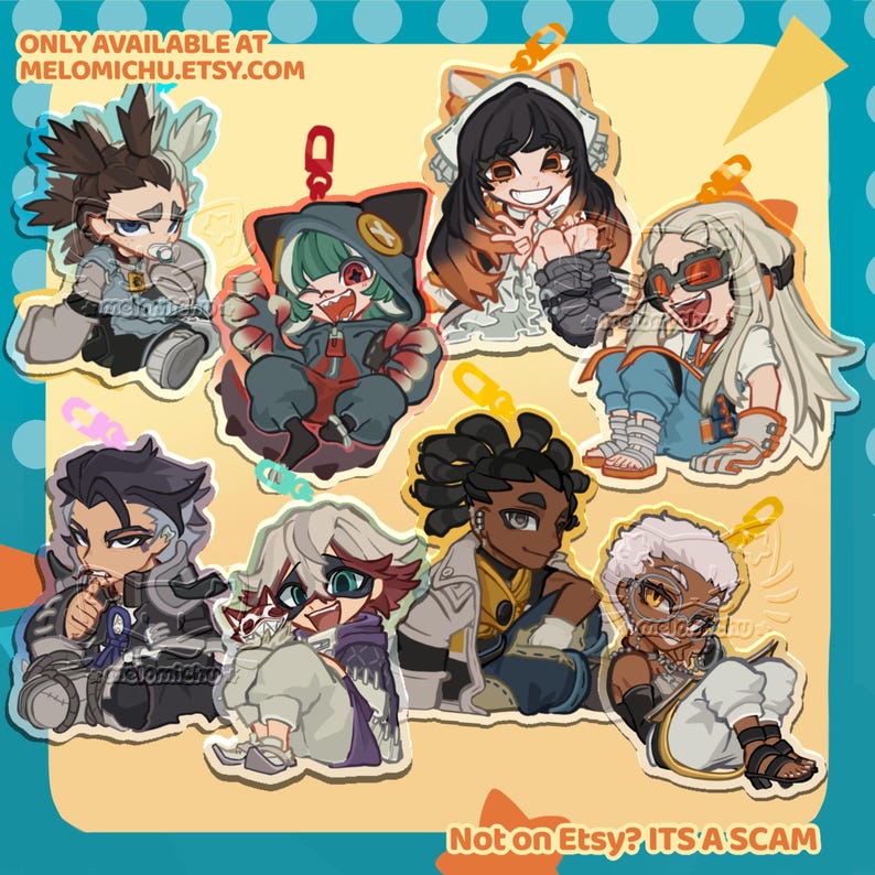 May include: A collection of colorful anime-style character charms. Each charm features a unique character design with vibrant colors and detailed outfits. The text "ONLY AVAILABLE AT melomichu.etsy.com" and "Not on Etsy? ITS A SCAM" are visible.