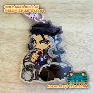 May include: A clear acrylic charm featuring a manga-style character with black hair and silver armor. The charm has a light purple clasp. Text on the charm reads "ONLY AVAILABLE AT MELOMICHU.ETSY.COM" and "Not on Etsy? ITS A SCAM".