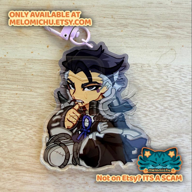 May include: A clear acrylic charm featuring a manga-style character with black hair and silver armor. The charm has a light purple clasp. Text on the charm reads "ONLY AVAILABLE AT MELOMICHU.ETSY.COM" and "Not on Etsy? ITS A SCAM".