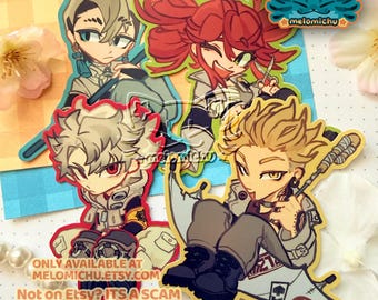 May include: Four die-cut vinyl stickers featuring stylized anime characters in light-colored outfits. One character has red hair, another has blonde hair, and two have light brown hair. The text reads: ONLY AVAILABLE AT MELOMICHU.ETSY.COM Not on Etsy, ITS A SCAM.