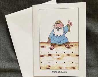 Funny Passover Card With Happy Rabbi On Matzah, Matzah Luck
