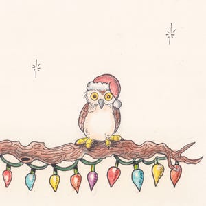 Happy Owlidays, Whimsical Hand-drawn, Hand Colored Christmas Card With and Owl In A Santa Hat and Christmas Lights