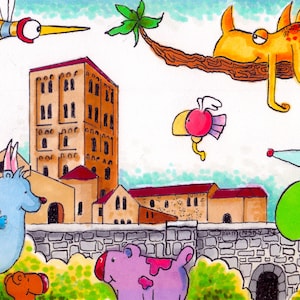 Whimsical Art Card Featuring Funny Imaginary Animals Visiting The Cloisters at Fort Tryon Park, Inwood, NY.